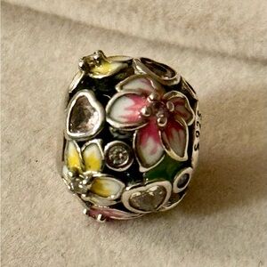 Floral pink and yellow Charm with crystals accent fit Pandora